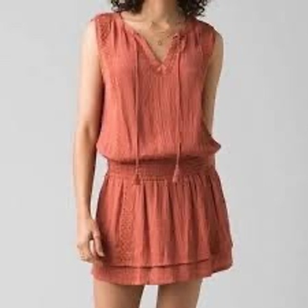 prAna Embroidered Smocked‎ Drop Waist Dress Womens Size S Rust Orange EUC Boho